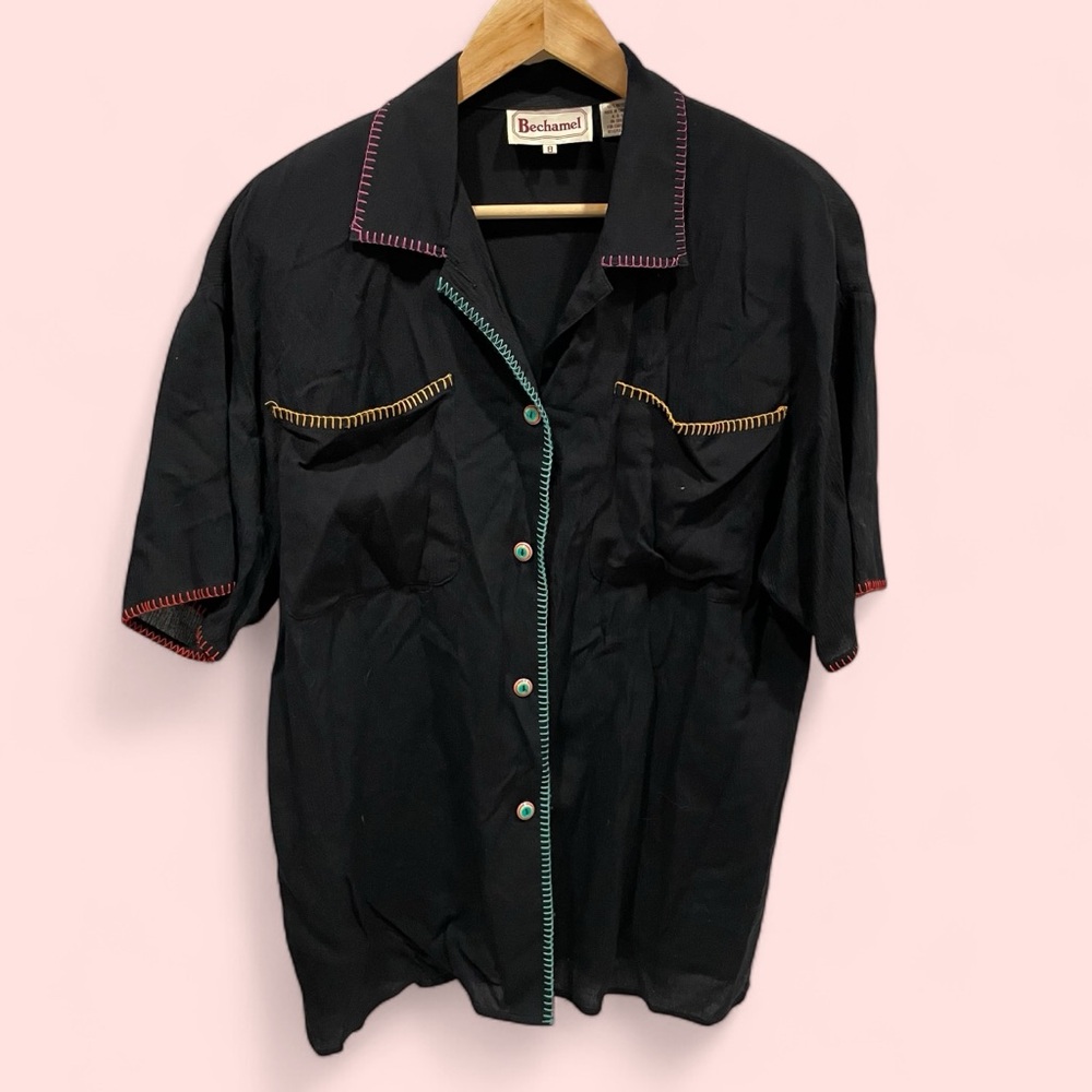Vintage 70’s-80’s funky oversized textured whipstitch rainbow button blouse